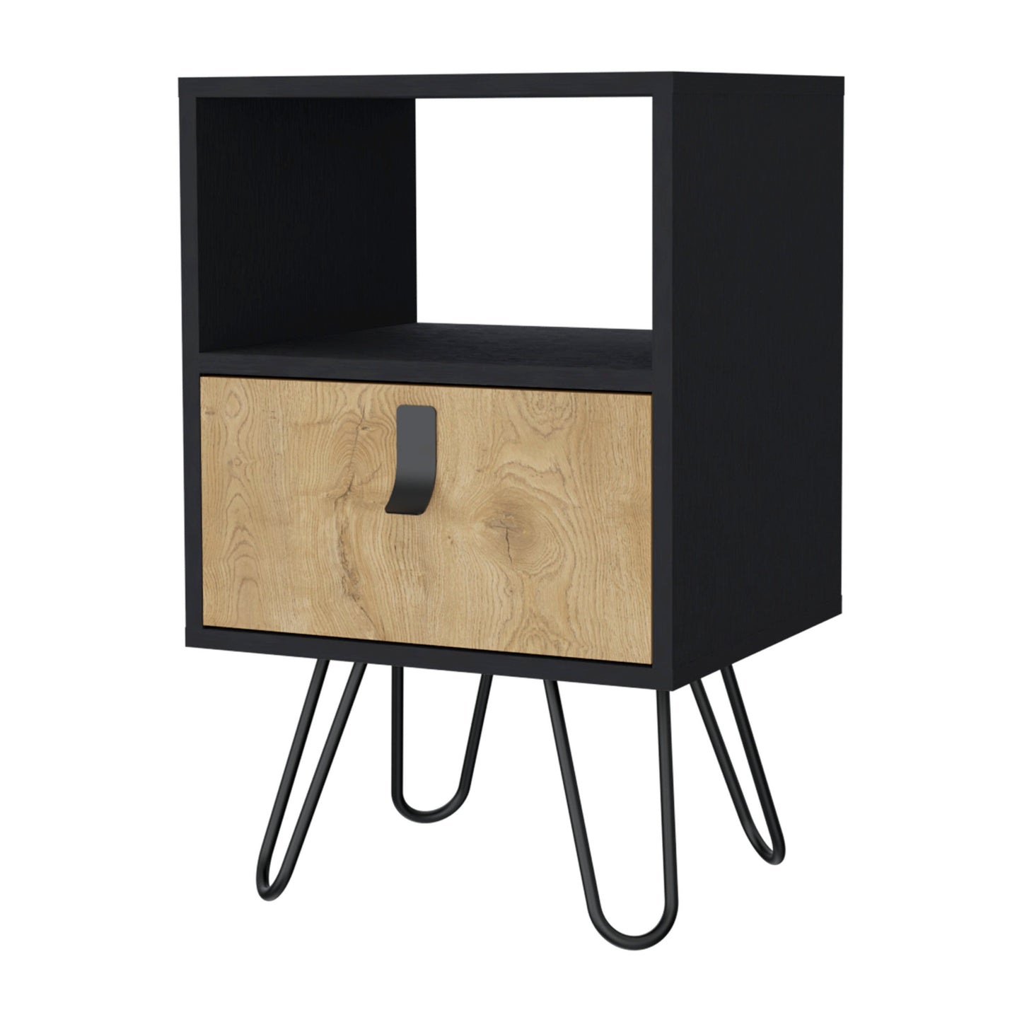 30" Black And Natural Wood One Drawer Nightstand-1