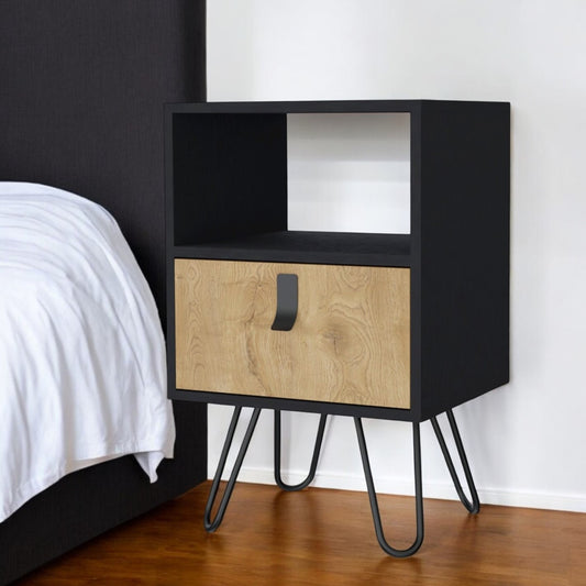 30" Black And Natural Wood One Drawer Nightstand-0
