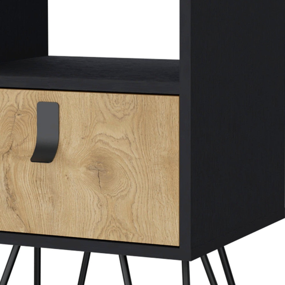 30" Black And Natural Wood One Drawer Nightstand-4