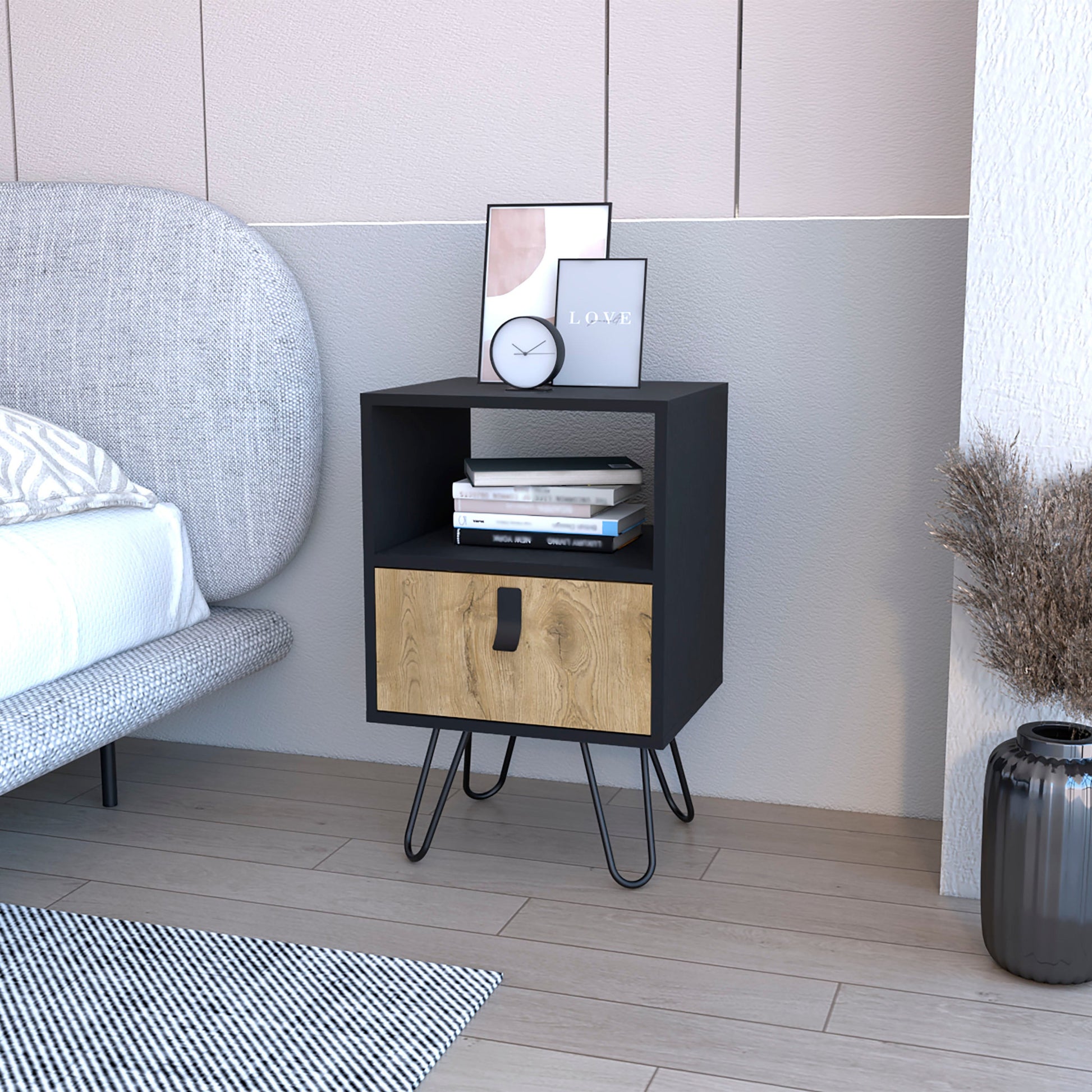 30" Black And Natural Wood One Drawer Nightstand-5