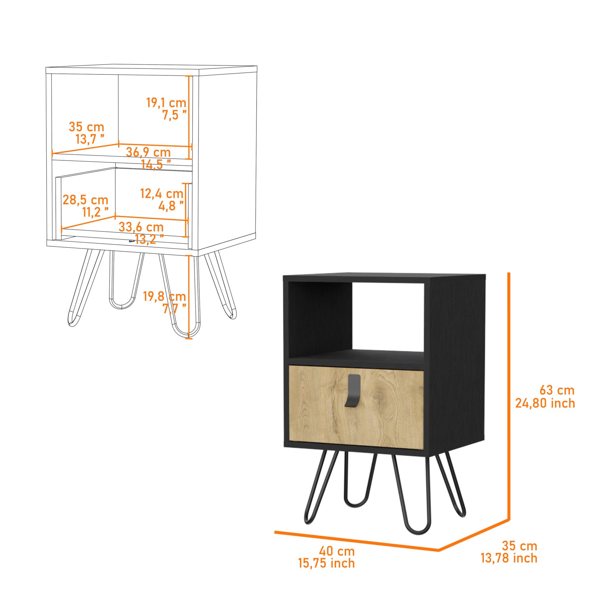 30" Black And Natural Wood One Drawer Nightstand-8