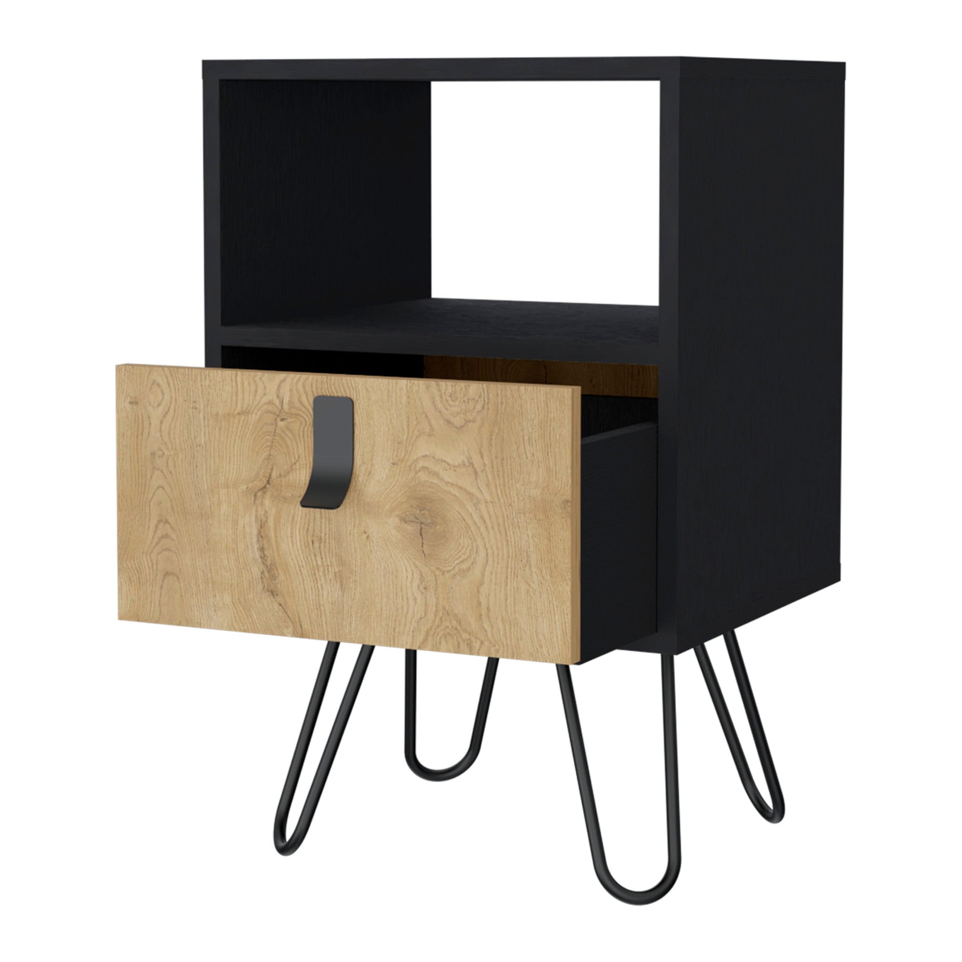 30" Black And Natural Wood One Drawer Nightstand-2