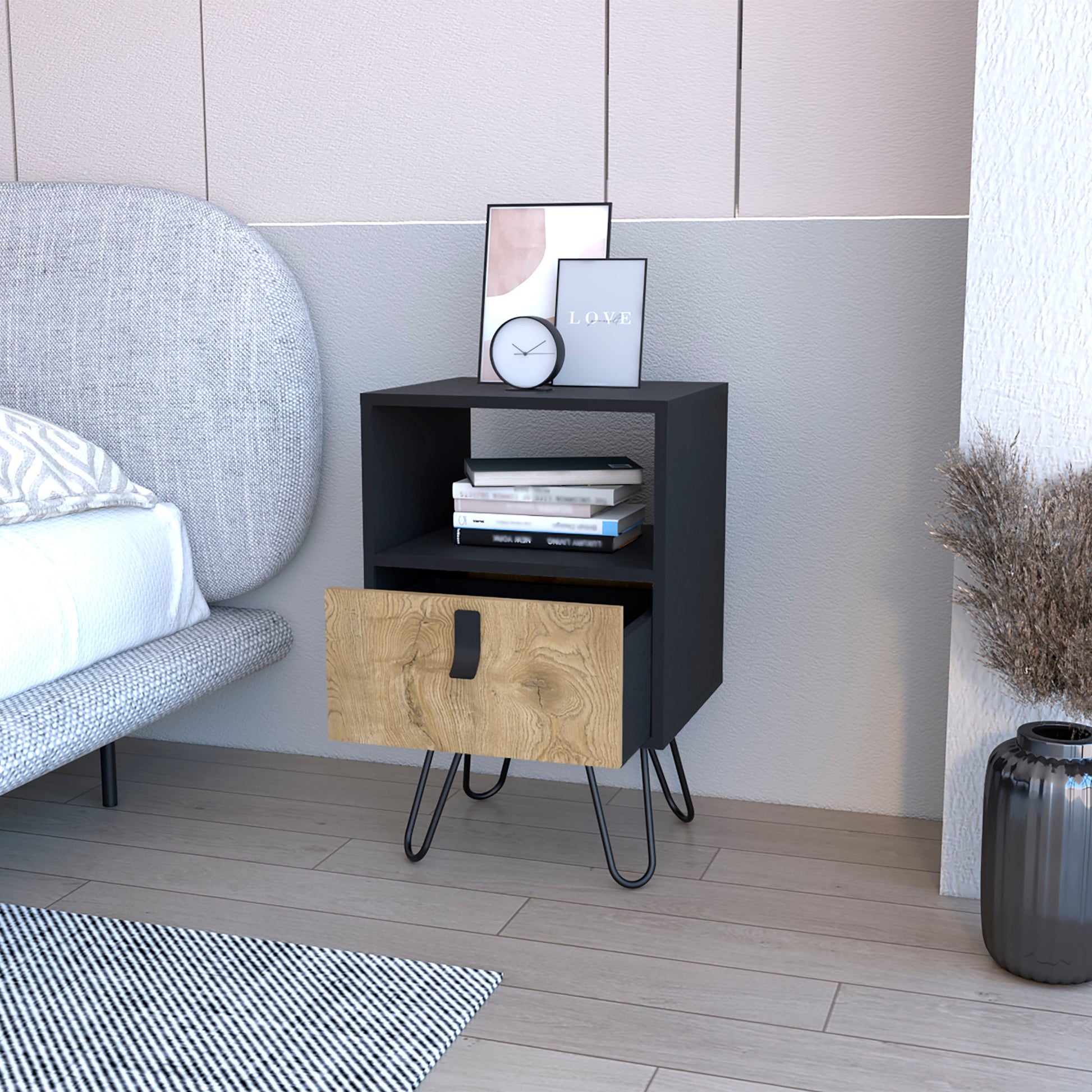 30" Black And Natural Wood One Drawer Nightstand-6