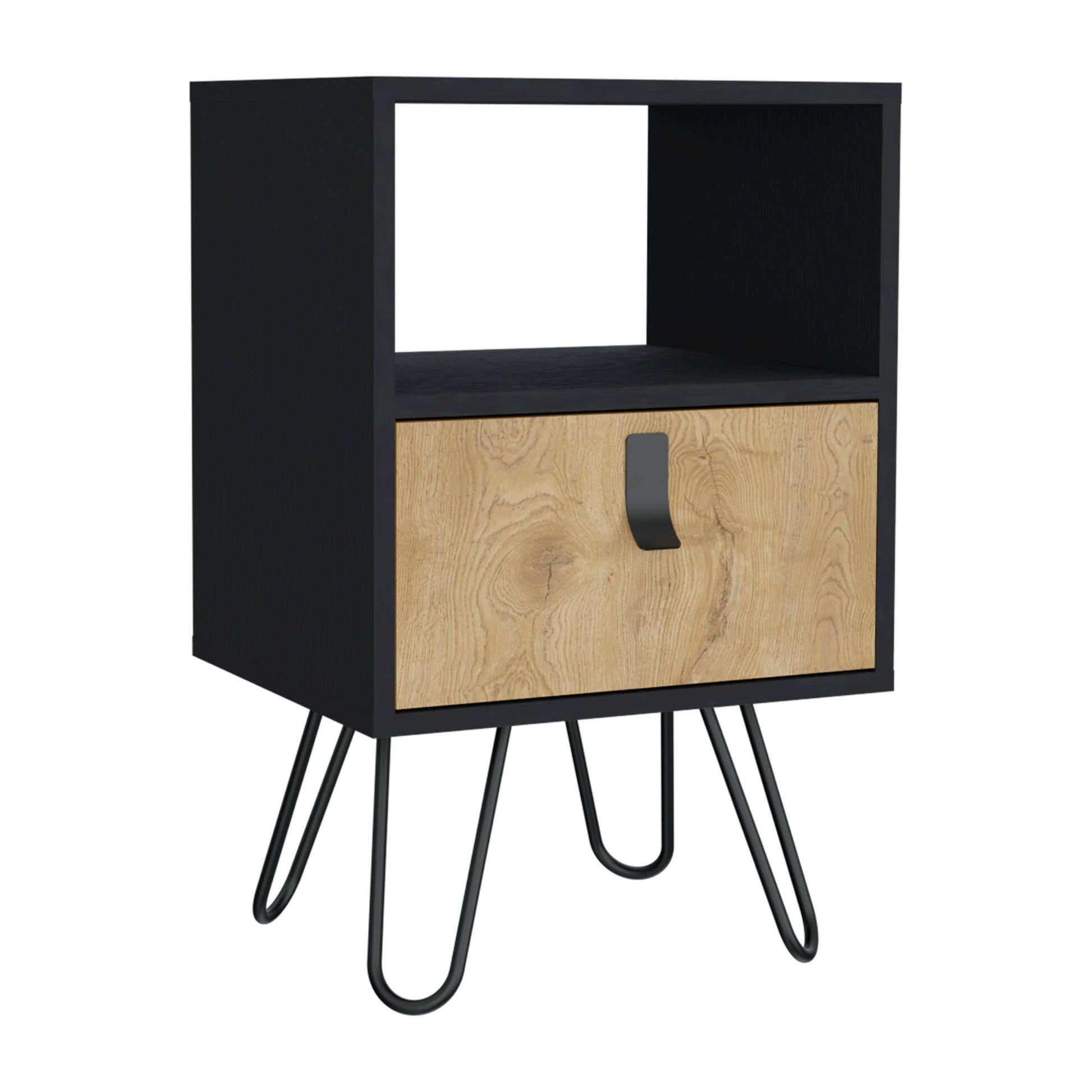 30" Black And Natural Wood One Drawer Nightstand-3