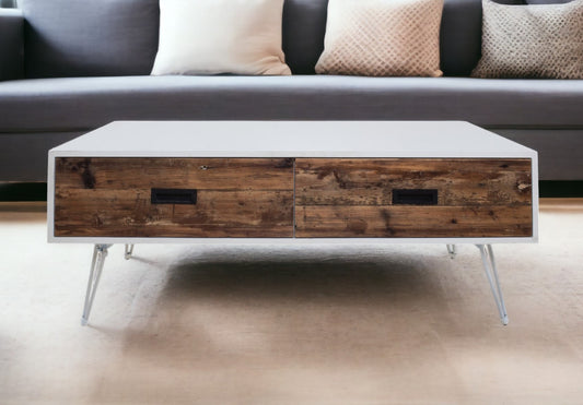 48" Brown And White Wood And Metal Coffee Table With Two Drawers-0
