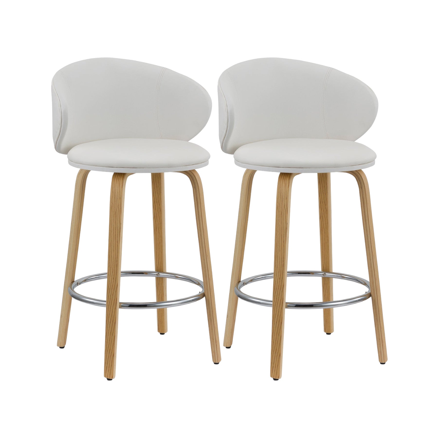 Set of Two 26" White and Brown Faux Leather and Solid Wood Low Back Counter Height Bar Chairs-3