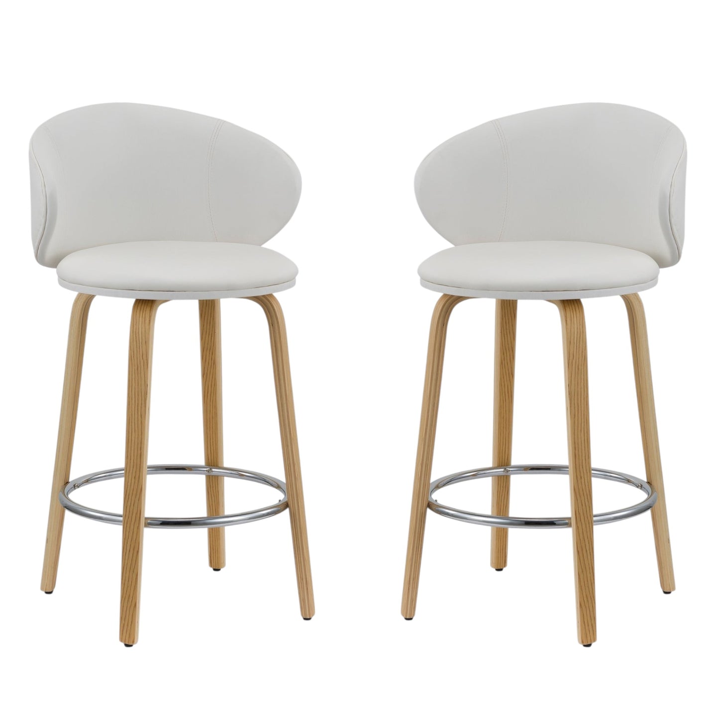 Set of Two 26" White and Brown Faux Leather and Solid Wood Low Back Counter Height Bar Chairs-2