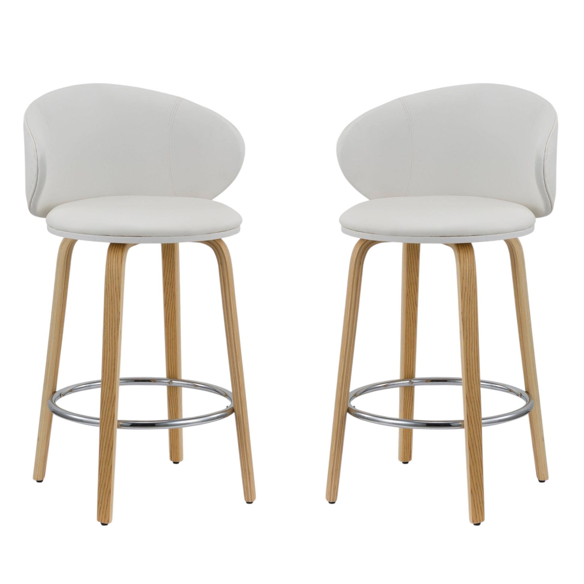 Set of Two 26" White and Brown Faux Leather and Solid Wood Low Back Counter Height Bar Chairs-2