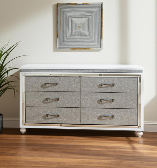 58" White And Silver Faux Crystal Bling Wood Six Drawer Double Dresser-0