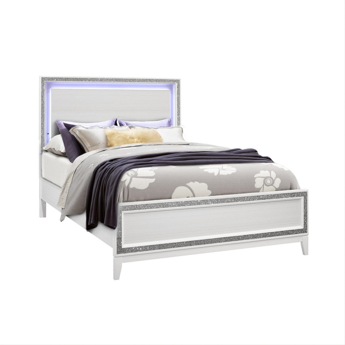 White Faux Crystal Bling Lighted Queen Bed Frame-1