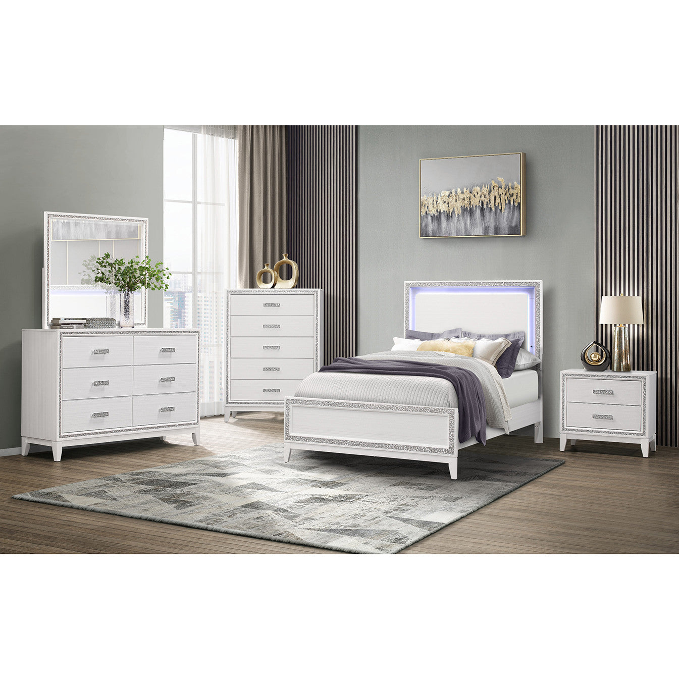 White Faux Crystal Bling Lighted Queen Bed Frame-5