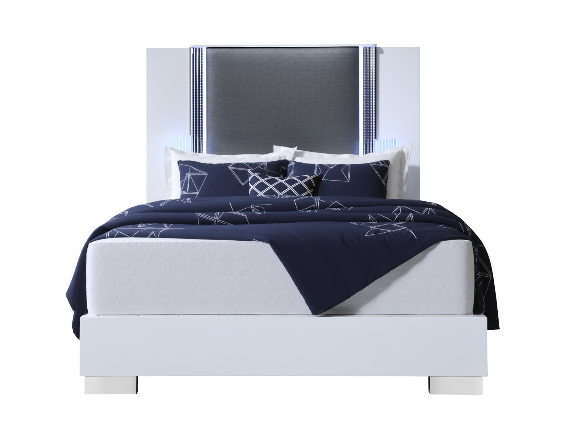 White and Gray Wood And Faux Leather Lighted King Bed Frame-2