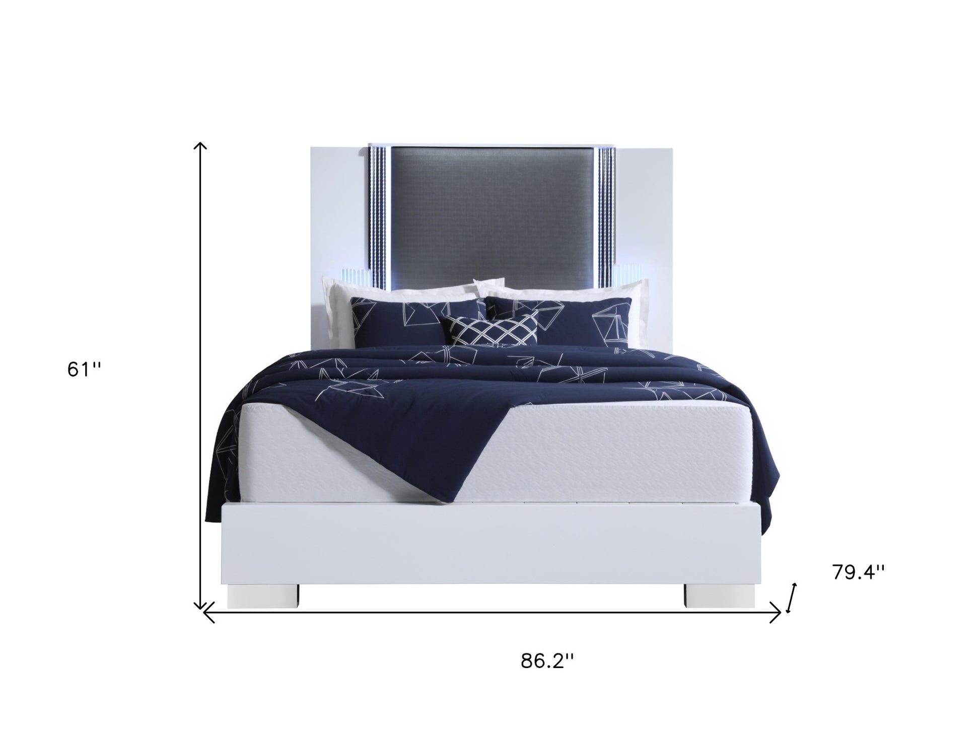 White and Gray Wood And Faux Leather Lighted King Bed Frame-6