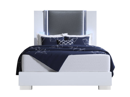 White and Gray Wood And Faux Leather Lighted King Bed Frame-0