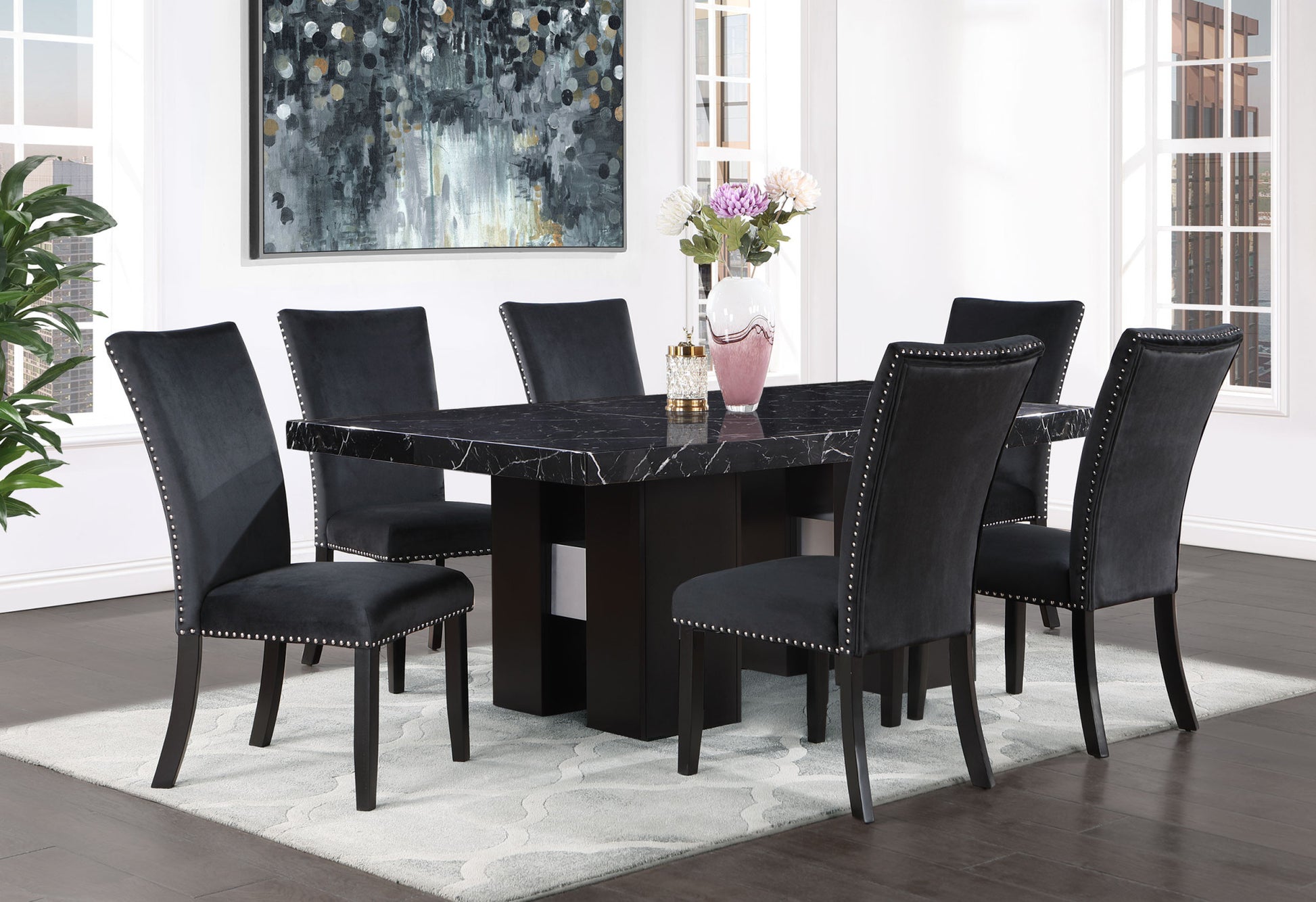 Set of Two Black Upholstered Velvet Dining Side Chairs-7