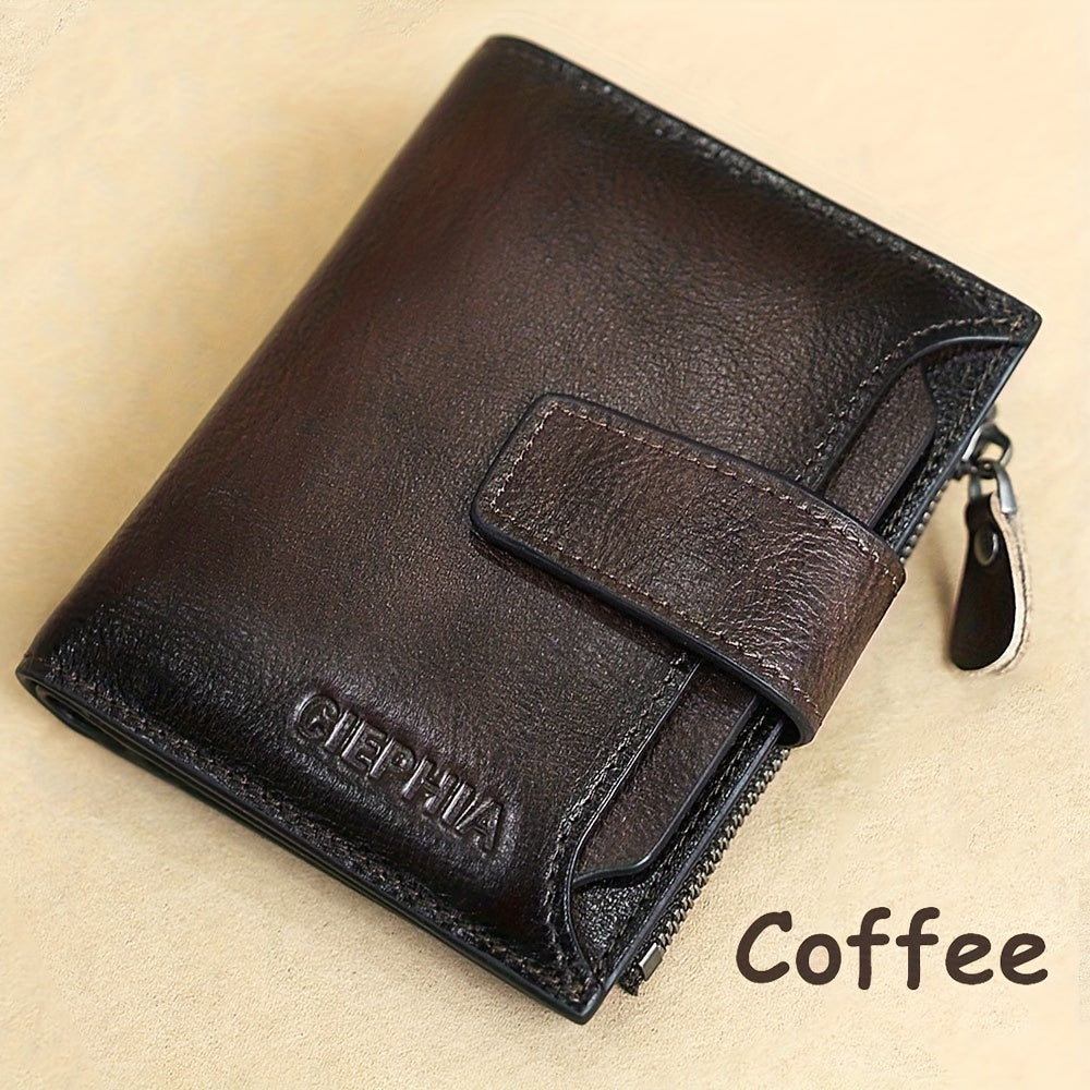 1pc CIEPHIA Men's Genuine Leather Wallet Vintage RFID Blocking Anti-Theft Billfold with Adjustable Strap, 17 Card Slots, ID Window, Coin Pocket & Zipper Closure - Deep Brown, Valentine's Day Gift for Men, Perfect for Thanksgi