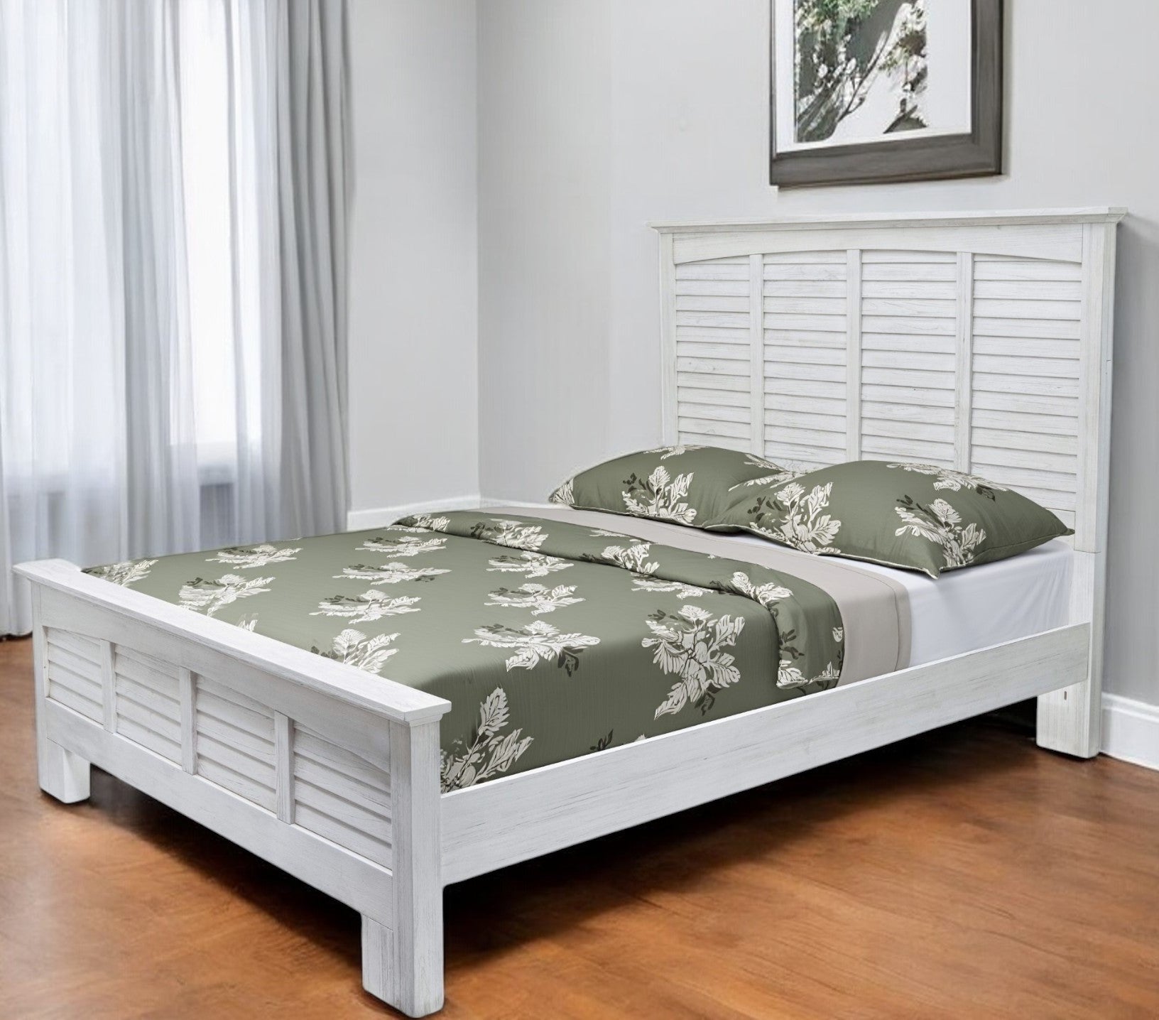 White Plantation Shutter Distressed Solid Wood Queen Bed Frame-1