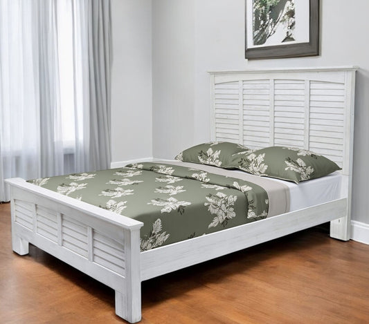 White Plantation Shutter Distressed Solid Wood Queen Bed Frame-1