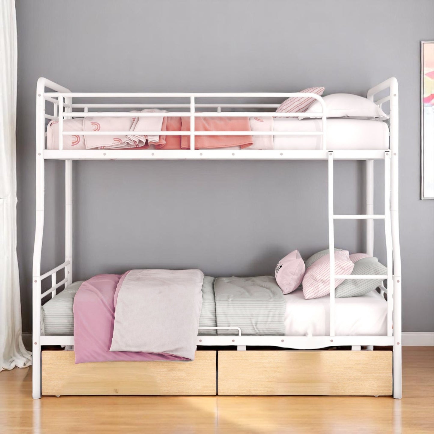 White Full Over Queen Contemporary Metal Bunk Bed With Drawers-0