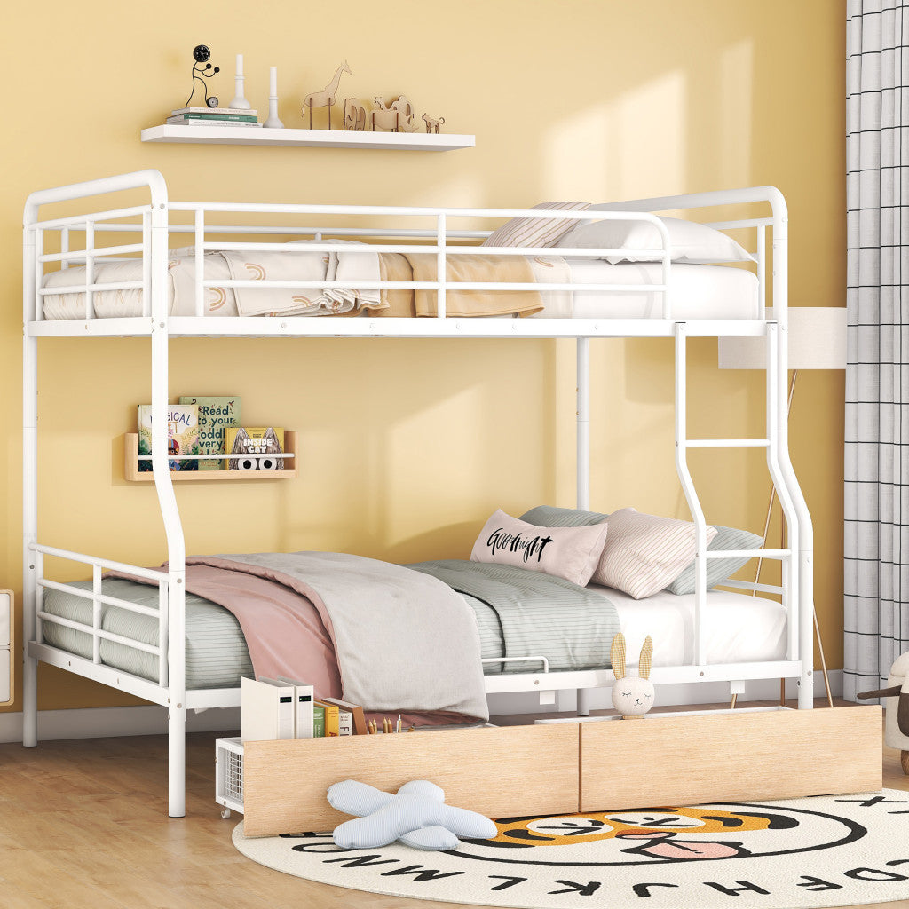 White Full Over Queen Contemporary Metal Bunk Bed With Drawers-7