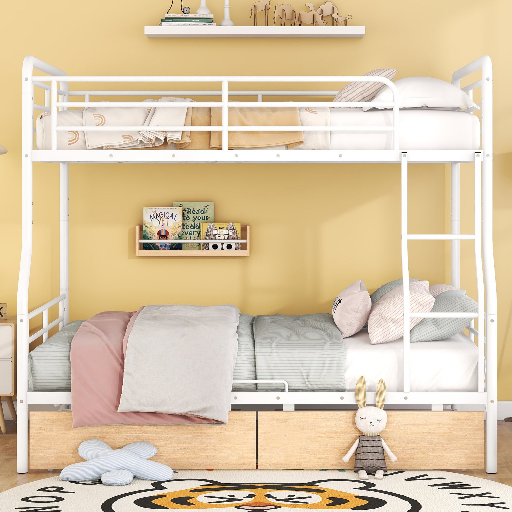 White Full Over Queen Contemporary Metal Bunk Bed With Drawers-8