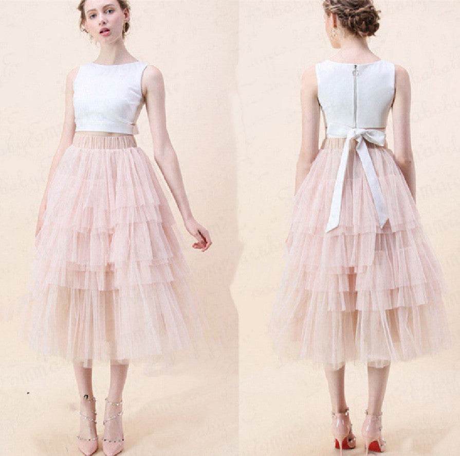 Summer Long Wave Ruffle Layered Ruched High Waist Midi tulle Skirt