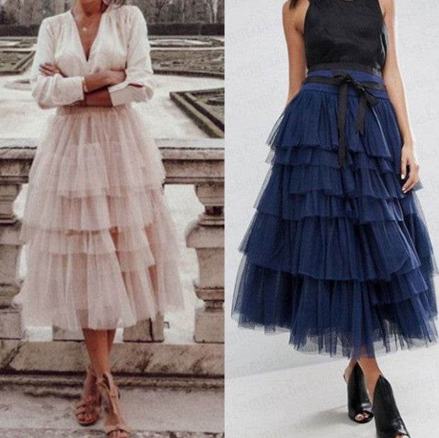 Summer Long Wave Ruffle Layered Ruched High Waist Midi tulle Skirt
