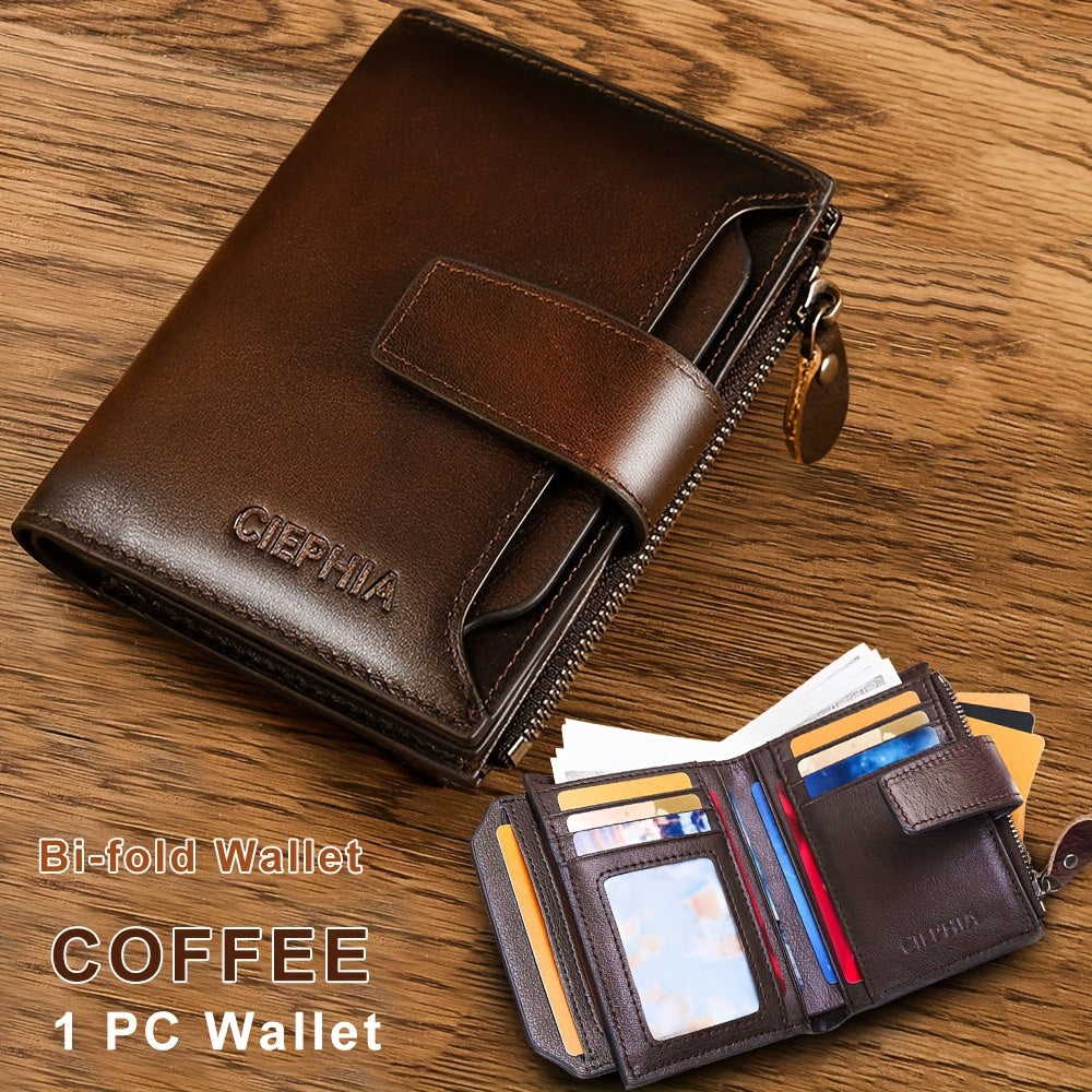 1pc CIEPHIA Men's Genuine Leather Wallet Vintage RFID Blocking Anti-Theft Billfold with Adjustable Strap, 17 Card Slots, ID Window, Coin Pocket & Zipper Closure - Deep Brown, Valentine's Day Gift for Men, Perfect for Thanksgi