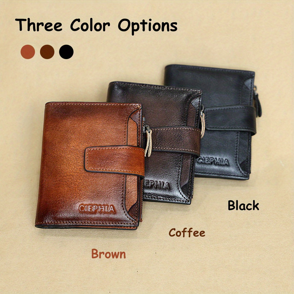 1pc CIEPHIA Men's Genuine Leather Wallet Vintage RFID Blocking Anti-Theft Billfold with Adjustable Strap, 17 Card Slots, ID Window, Coin Pocket & Zipper Closure - Deep Brown, Valentine's Day Gift for Men, Perfect for Thanksgi