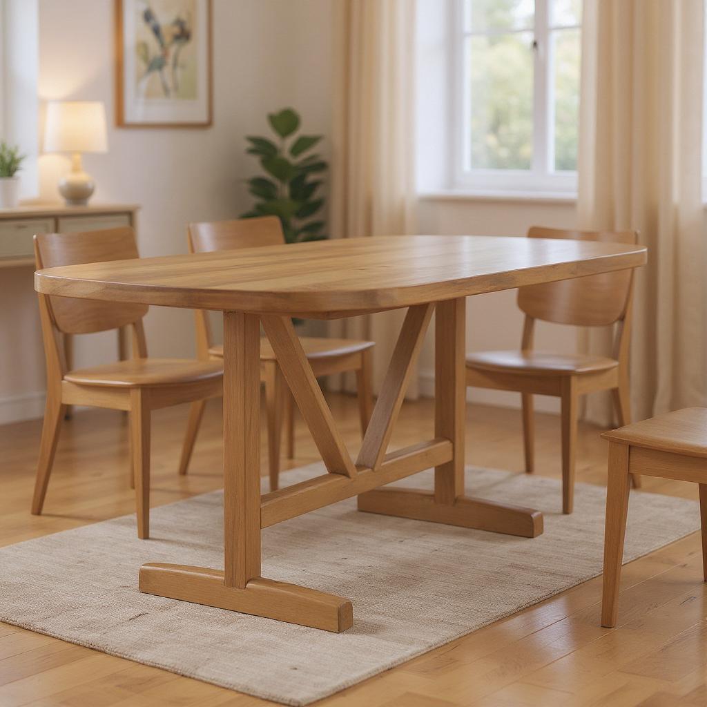 84" Light Brown Solid Wood Trestle Base Oval Dining Table-0