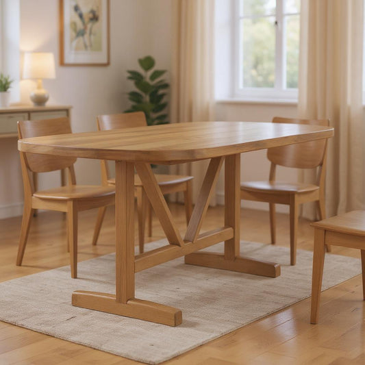 84" Light Brown Solid Wood Trestle Base Oval Dining Table-0