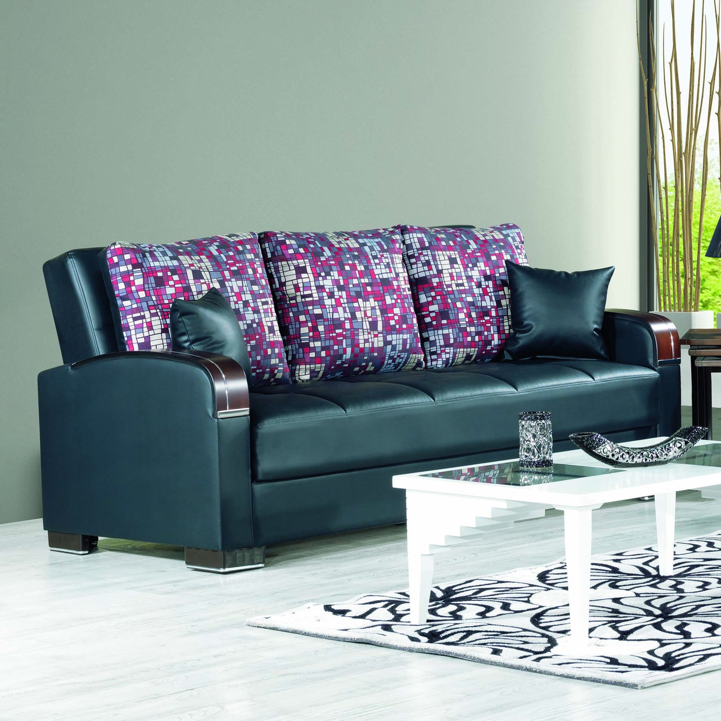 87" Black Faux Leather Convertible Futon Sleeper Sofa And Toss Pillows With Storage-6