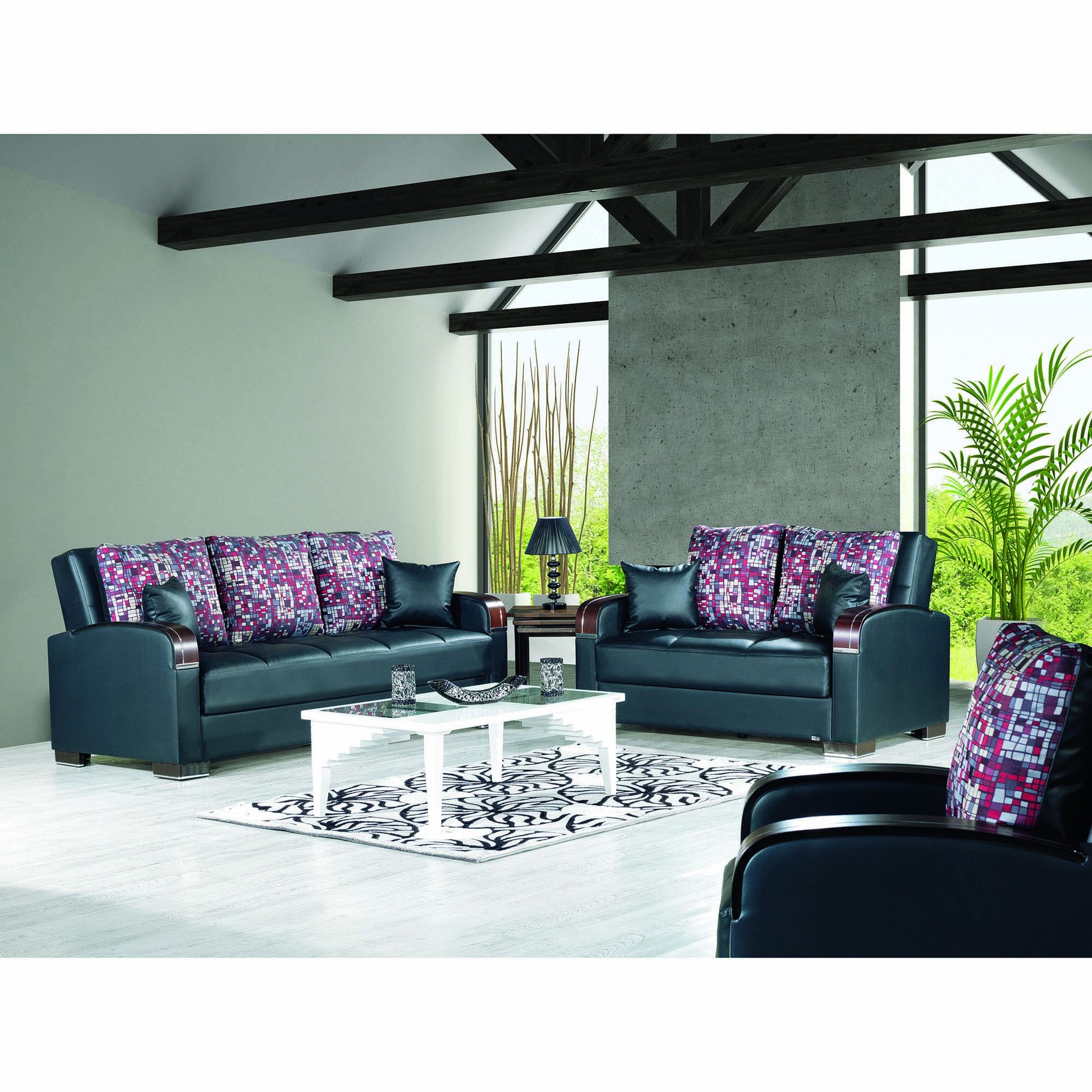 87" Black Faux Leather Convertible Futon Sleeper Sofa And Toss Pillows With Storage-7