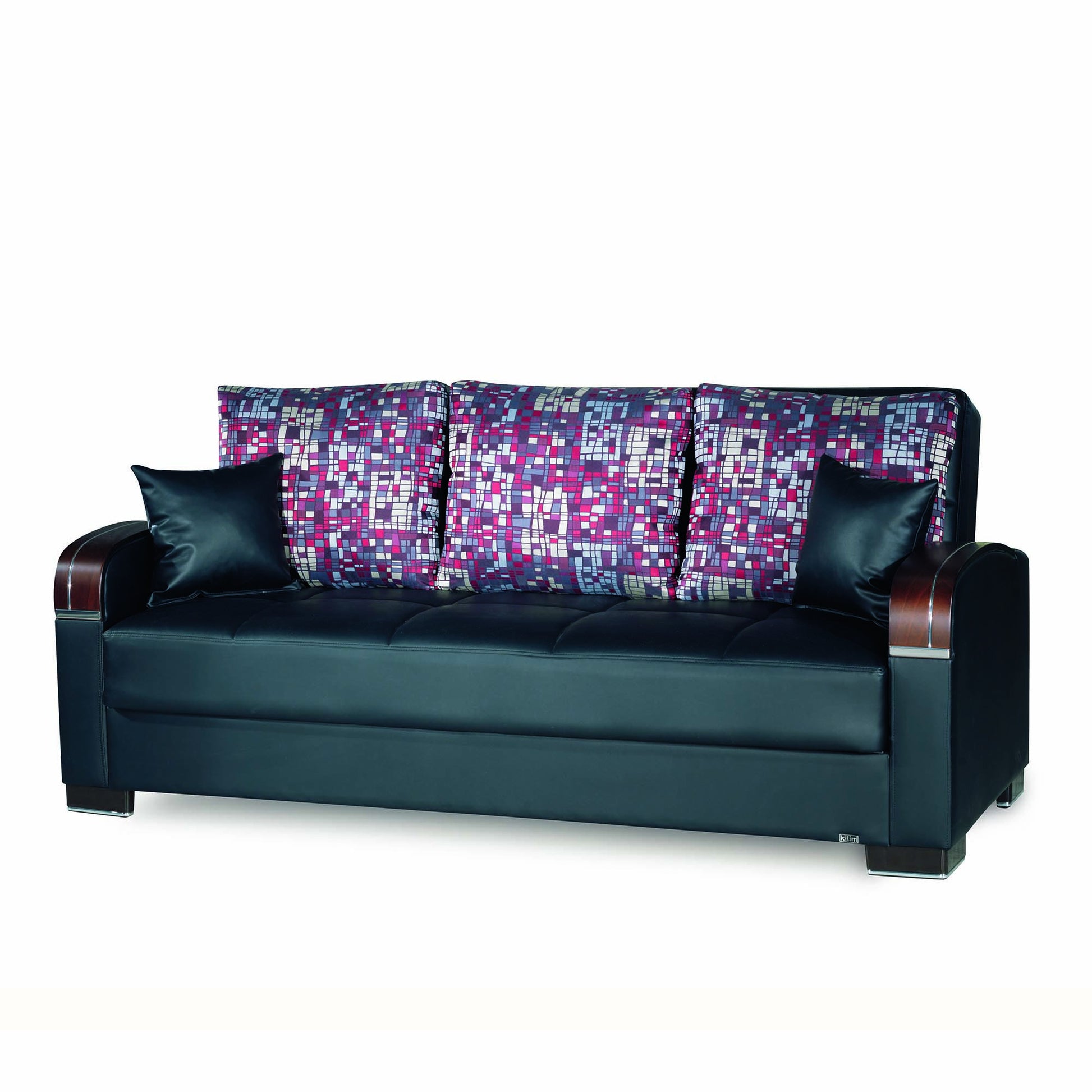 87" Black Faux Leather Convertible Futon Sleeper Sofa And Toss Pillows With Storage-1