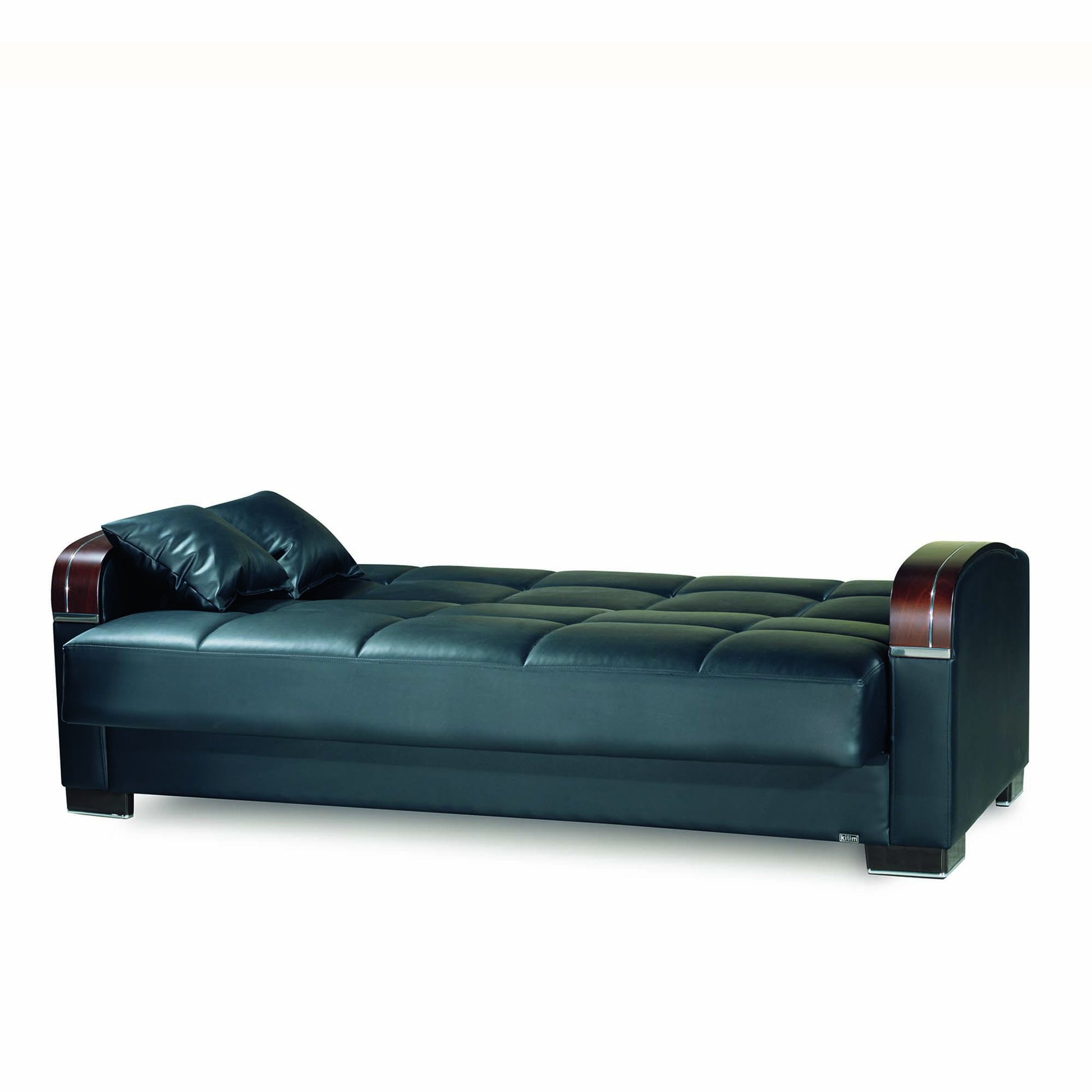 87" Black Faux Leather Convertible Futon Sleeper Sofa And Toss Pillows With Storage-3