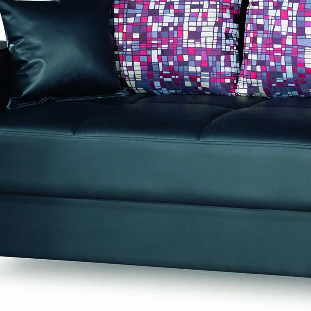 87" Black Faux Leather Convertible Futon Sleeper Sofa And Toss Pillows With Storage-4