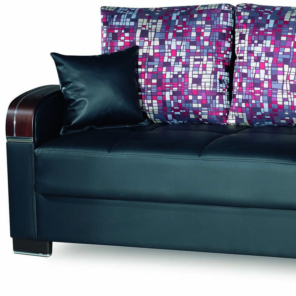 87" Black Faux Leather Convertible Futon Sleeper Sofa And Toss Pillows With Storage-5