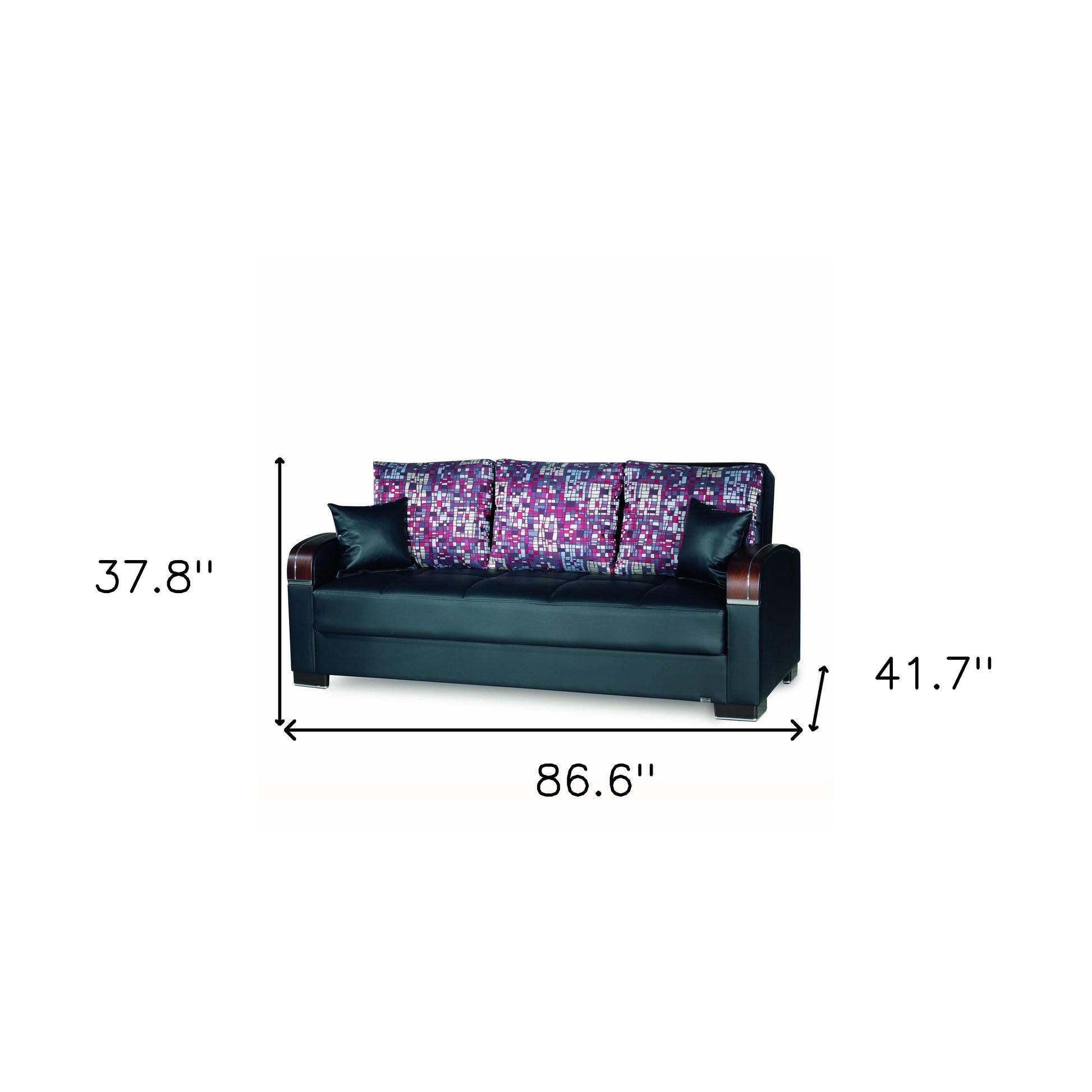 87" Black Faux Leather Convertible Futon Sleeper Sofa And Toss Pillows With Storage-8