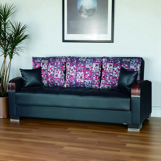 87" Black Faux Leather Convertible Futon Sleeper Sofa And Toss Pillows With Storage-0
