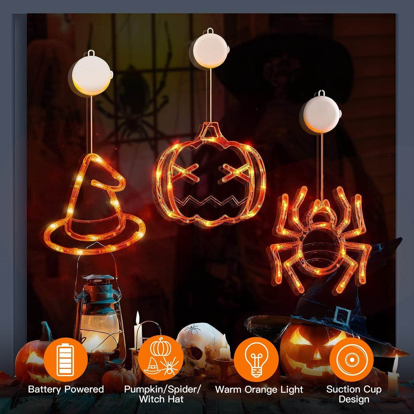 Set Of 3 Pack Halloween Window Light Spider Witch Hat Pumpkin With Orange Light Hanging Halloween Decoration Light With Suction Cup Hanging Holes