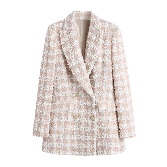 Elegant Luxury Lapel Long Sleeved Double Breasted Check tweed Blazer Women