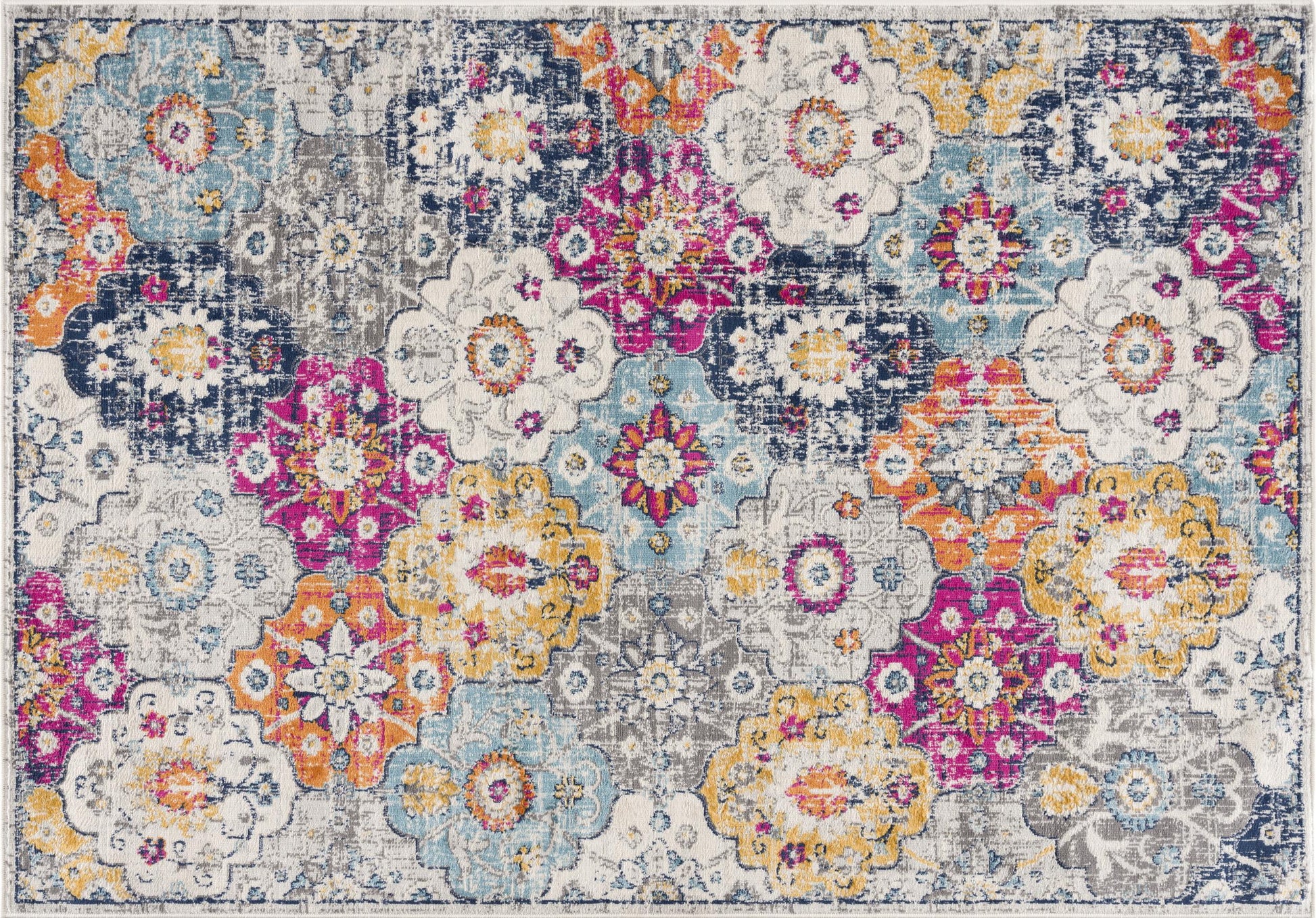 2' X 2' Gray Gold And Pink Floral Medallion Square Rug-1