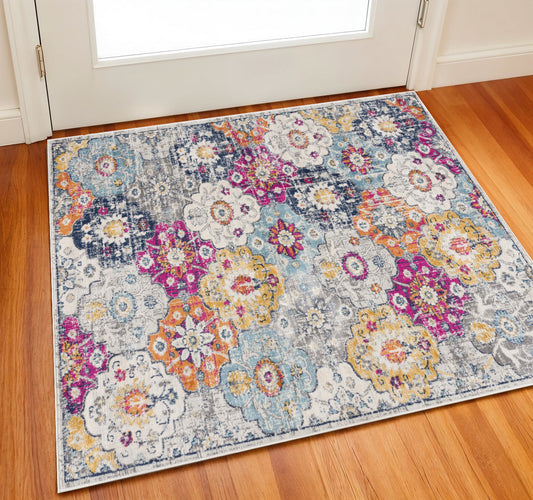 2' X 2' Gray Gold And Pink Floral Medallion Square Rug-0