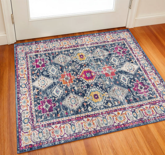 2' X 2' Blue Beige And Pink Southwestern Square Rug-0
