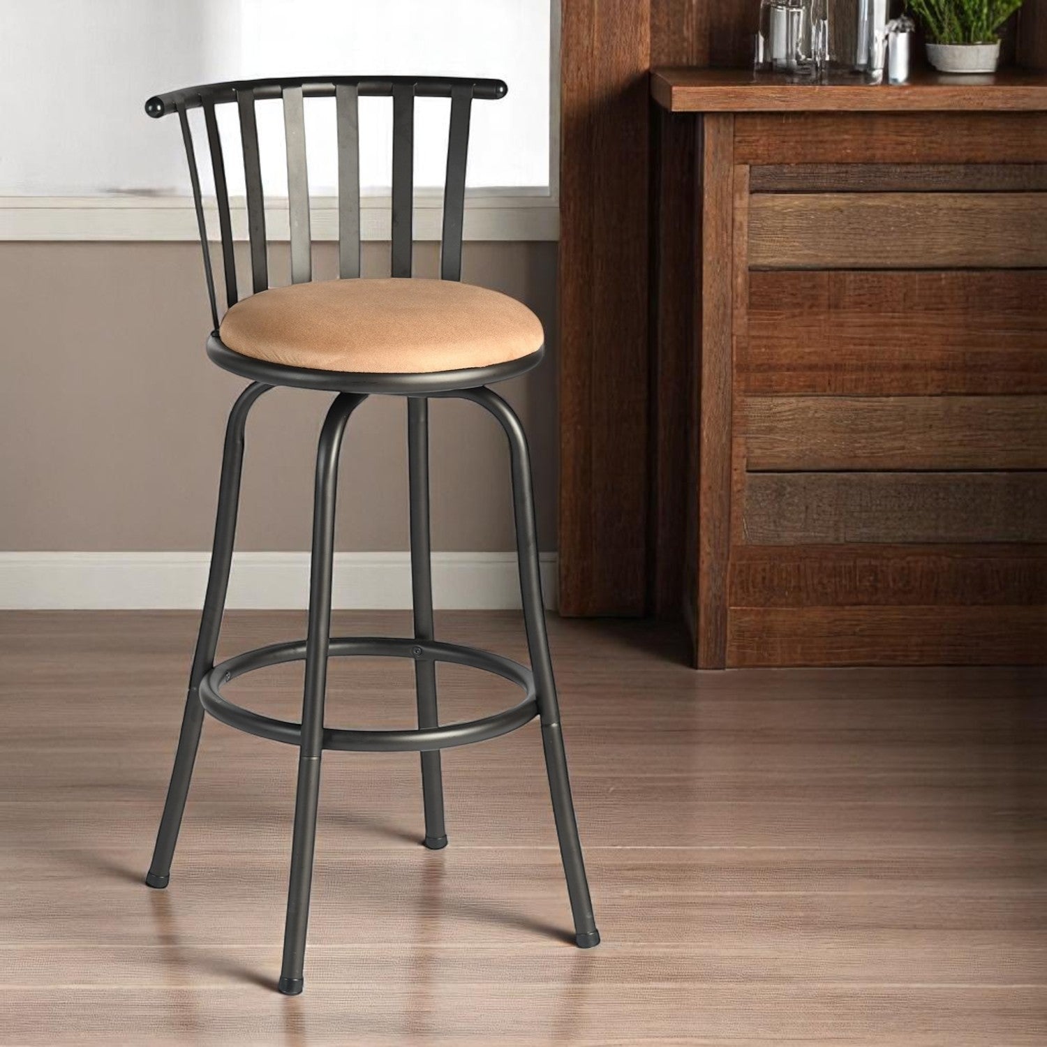 Brown and Black Faux Leather and Metal Low Back Adjustable Height Swivel Bar Chair-0