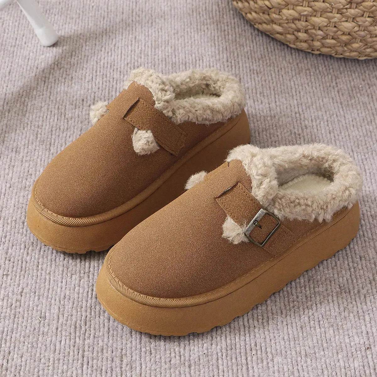 Fashion Thick-soled Plush Buckle Cotton Home platform Winter Slippers Indoor And Outdoor Casual Warm Women Garden Slipper