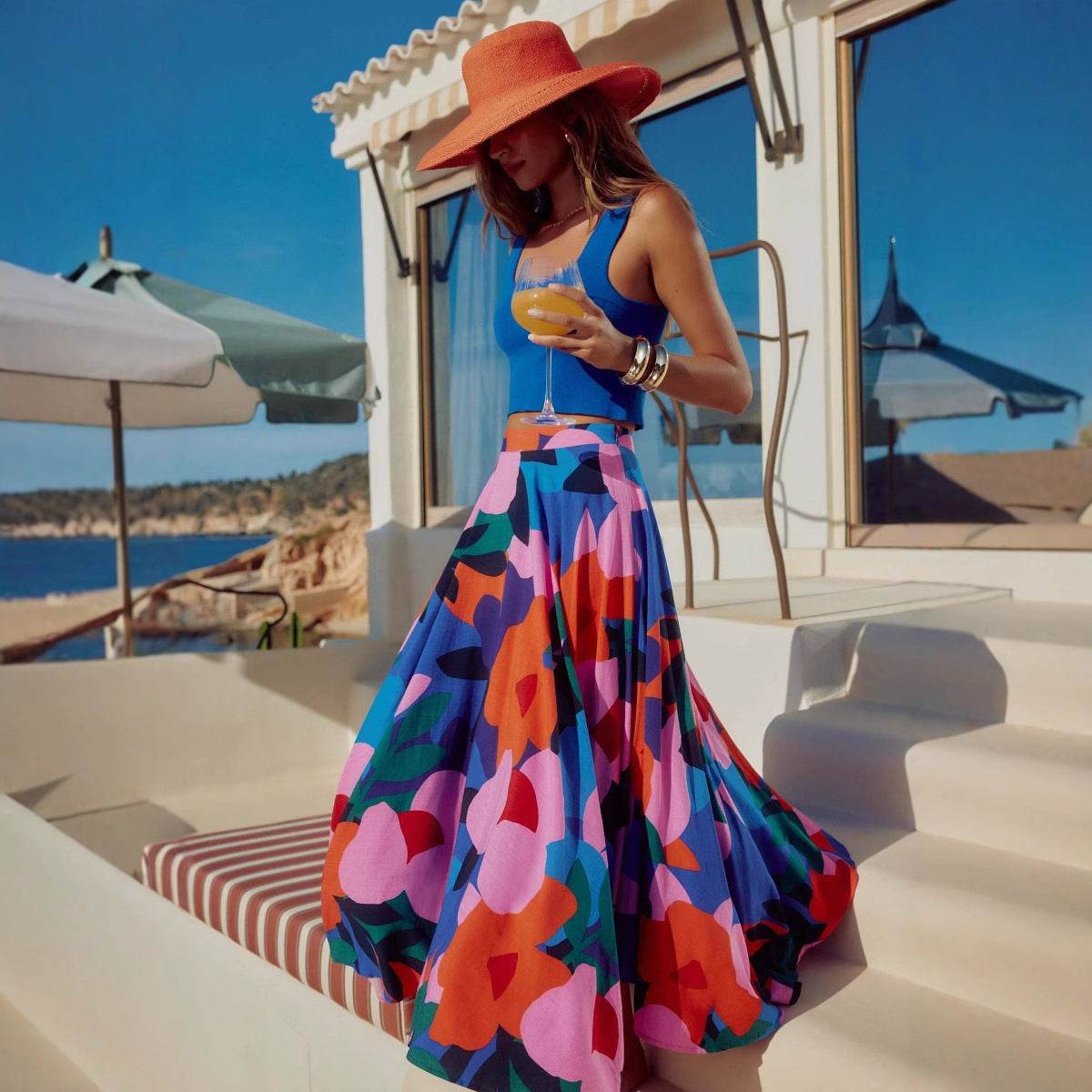 Elegant Fashion Vintage floral Bohemian Pleated Maxi Skirt