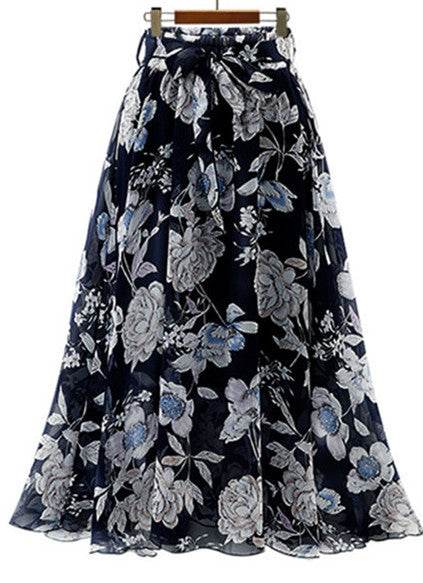 Women Formal Work Office High Waist Floral Midi Big Swing Chiffon Skirt