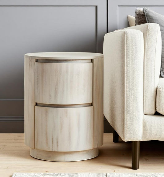 24" White Solid Wood Round Drum End Table With Two Drawers-0