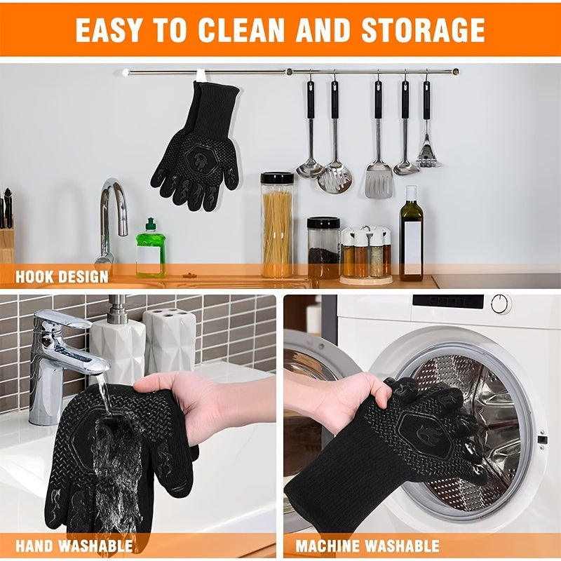 1 Pair BBQ Grill Gloves, Resistant Gloves Heat Resistant Fireproof Gloves, Washable Non-Slip Silicone Oven Gloves, Kitchen Safe Cooking Gloves For Oven Mitts, Barbecue, Cooking, Frying, 12.6inch